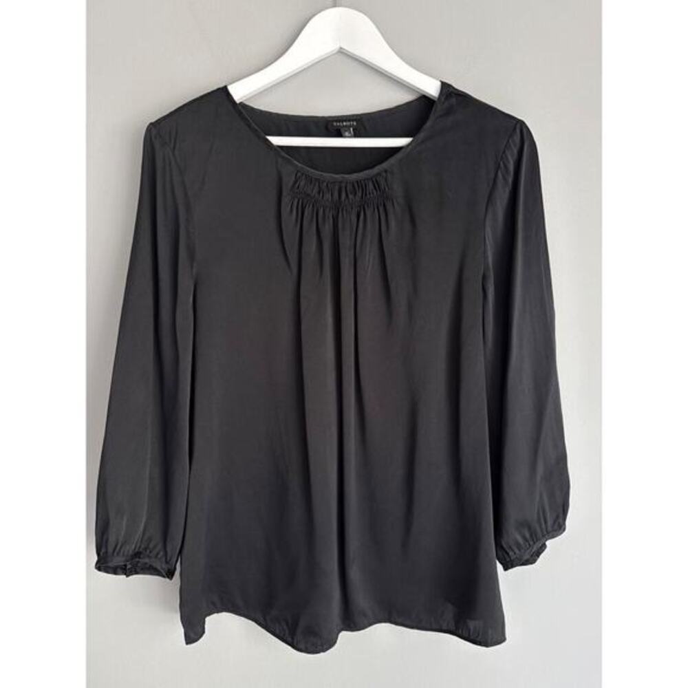 Talbots 100% Silk Blouse 12 Black Smocked Neck Quiet Luxury Old Money Office